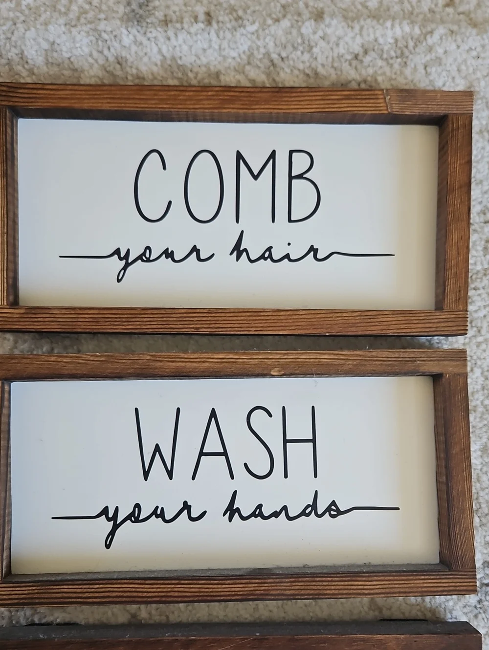 Wood Frame Bathroom Sign Set - White & Brown